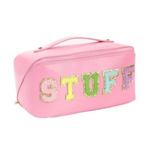 Folding Cosmetics Bag Letter Patches PU Leather Makeup Bag  Make Up Organizer Large Capacity Waterproof Toiletries Bags