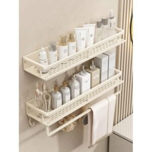 1pc Wall Mounted Shelf With Towel Rack, 15.7 Inch Rod Bars, 5 Movable Hooks, Rustproof Cosmetics