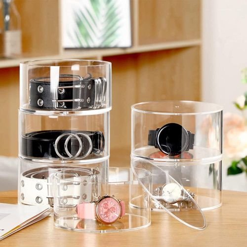 Acrylic Clear Round Storage Box Stackable Belt Rack Storage Box Display Holder for Watch Jewelry Cosmetics Bracelets Rings Craft Toys and Ties NO5283