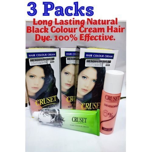 Cruset 3 Packs Of 2 In 1 Natural Black Hair Colour Cream Dye. Long Lasting & Shiny