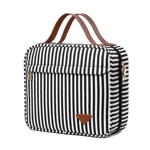 Cross-border direct supply European and American trendy style striped handbag large-capacity cosmetics storage bag multi-compartment portable handbag black