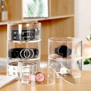Acrylic Clear Round Storage Box Stackable Belt Rack Storage Box Display Holder for Watch Jewelry Cosmetics Bracelets  Rings Craft Toys and Ties NO5242