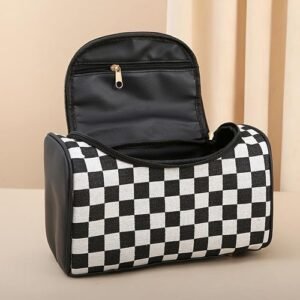 Black  White Grid Toiletry Bag With Handy Handle, Large Capacity Cosmetic Storage Bag, Portable Travel Organizer For Cosmetics And Travel Essentials