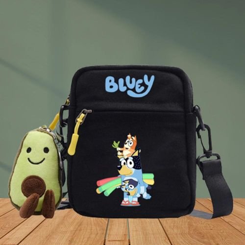 Woman Men Square Crossbody Bag Large Capacity Black Shoulder Bag with Cartoon Pattern for Mobile Phone Cosmetics Keychain