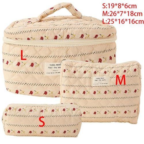1pc New Portable Floral Makeup Bag Women Cotton Soft Large Cosmetics Organizer Pouch Travel Toiletry Kit Storage Box