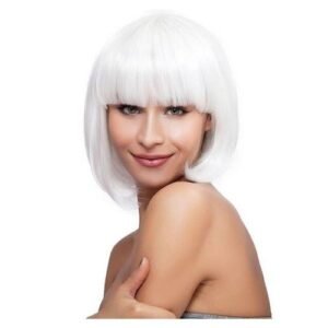 Ht Diy Fashion White Short Straight Flat Bang Full Wigs Cosplay Party Hair