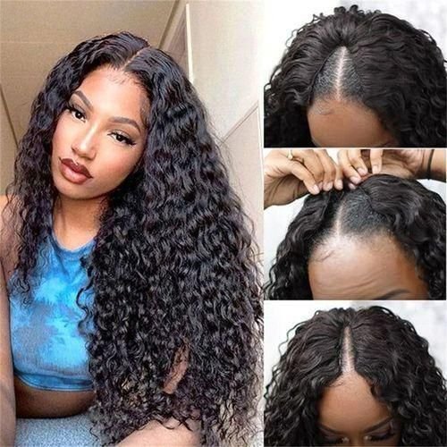 180 Density Deep Curly V Part Wigs Cheap Full Machine Made Wigs Natural Black Remy Water Wave V Part Wigs
