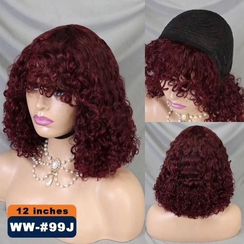 99J Burgundy Jerry Curly Bob Cut Wigss with Bangs Full Machine Made Wigs 200% Density Water Wave Wigs for