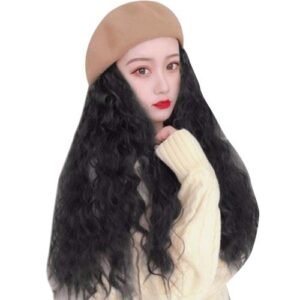 2-in-1 Women Wig Beret Cap Naturally Long Curly Wig Winter Autumn Warm Hat New,Black NO5111