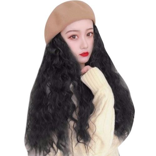 2-in-1 Women Wig Beret Cap Naturally Long Curly Wig Winter Autumn Warm Hat New,Black NO5111