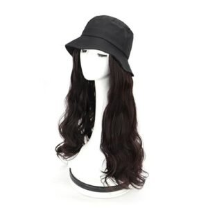 Hat Wigs Women Long Curly Wave Wig Cap Heat Resistant Hairpiece Cosplay Synthetic Wigs New,BLACK BROWN NO5119