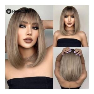 Haircube Short Brown Synthetic Natural Wig For Women Straight Shoulder Length Brown Hair With Bangs Heat Resistant Daily Cosplay