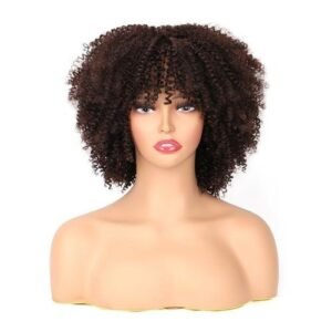 Short Hair Afro Kinky Curly Wig With Bangs African 6 Inch Synthetic Natural Glueless Hair Brown Mixed Blonde Wig For Black Women
