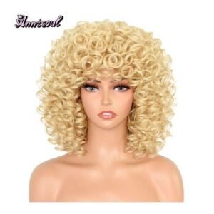 Annisoul Short Kinky Curly Wigs For Black Women Fluffy Synthetic African Red Brown Copper Cosplay Natural Afro Wig With Bangs