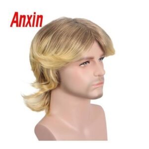 Anxin Short Blonde Wigs For Men Synthetic Wig Golden Color Hairs Toupee High Temperature Heat Resistant Cosplay Wigs For Women