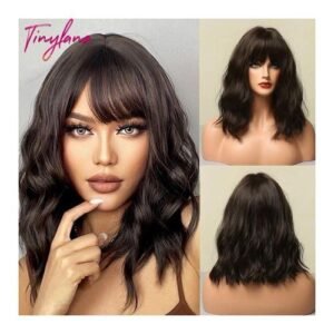 Black Gray Blonde Short Wavy Synthetic Wigs With Bangs Ash Brown Bob Hair Wigs For Women Cosplay Natural Hair Heat Resistant