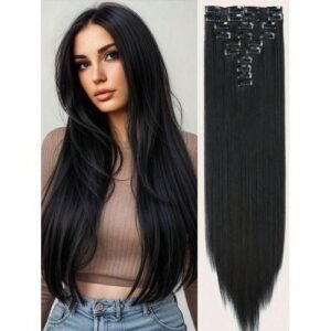 Clip In Extensions Natural Black Color 24 Inch 12 PCS Set Long Straight Hair Extension Synthetic