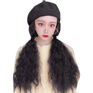 2-in-1 Women Wig Beret Cap Naturally Long Curly Wig Winter Autumn Warm Hat New,Black NO5112