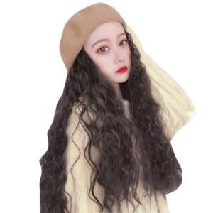 2-in-1 Women Wig Beret Cap Naturally Long Curly Wig Winter Autumn Warm Hat New,Brown Black NO5113