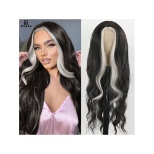 26 Inch Highlight Skunk Stripe For Black Women Dark Brown Mixed Blonde Ombre Front Wigs Long Body