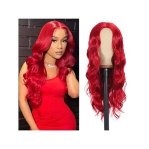 26 Inch Long Wavy Red Center Parting Synthetic Women Big Bouncy Wig Ideal For Everyday And Cosplay