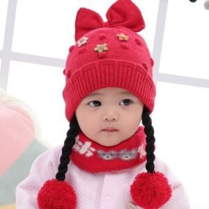 Baby Hat Autumn and Winter New Cute Princess Bow Knitted Hat Wig Baby Girl Braid Woolen Cap Thickened