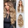 4*2 Lace Wigs Long Brown Mixed Blonde Loose Women Middle Part Curly Wavy Natural Looking Synthetic