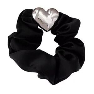 Healthy&Beauty Elastic Band Hair Tie Chic Satin Hair Tie with Heart Decor Cream Color Black