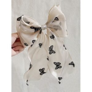 1pc Cream-Colored Hollow Out Bow Print Mesh Clip With Large Bowknot Streamers, Elegant And Gentle,
