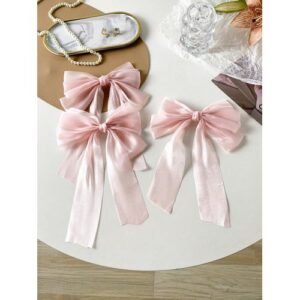 3pcs/Pack Pink & Cream Sweet Lace Bow Hair Clips, Hairpins For Girls