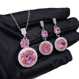 Classy Pink Earring And Necklace Set (silver Chain)