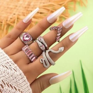 Pale Pink Diamond Heart Snake Ring Set