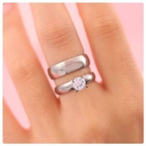 2pc. 6mm/4mm Width Silver Stainless Steel Wedding Ring Set
