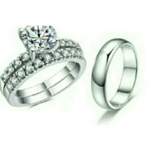 3 Pcs White Crystal  Wedding  Ring Set