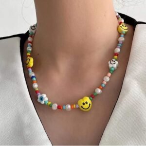 3 Set Smiley Face Beads Choker Necklace And Two Colorful Bracelets