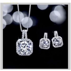 Jewelry Fashion Plated Cubic Zirconia Jewelry Set- Silver (Necklace & Earrings)