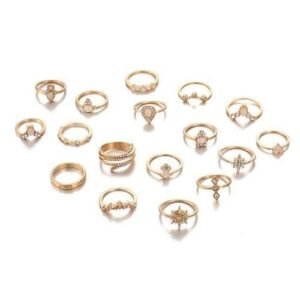 17Pcs/Set Finger Ring Bohemian Jewelry Gift Women Artificial Gemstone Rhinestone Finger Ring For Dating-Gold