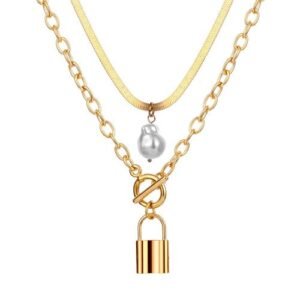 2pcs/set Stacking Necklace, Special-shaped Bead Snake Necklace + Lock Pendant