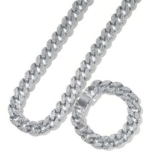2pcs Set Men Hip Hop Iced Out Bling Chain Necklace Bracelets 15mm Width Miami Cuban Chains