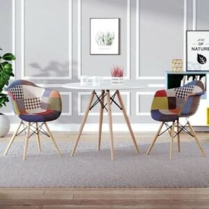 Luxury Dinning Round Table + 2 Multi Colour Fabric Chairs