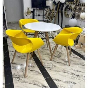 Round Beechwood Dining Table With 3 Yellow Sitting Chairs