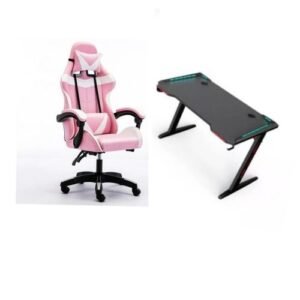 Pink And White Gaming Chair With LED Lights Gaming Table
