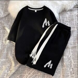 Cotton T-Shirts +Shorts Men's Short Sleeve Set-Black