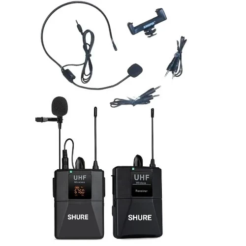 SHURE Wireless Lapel Body Clip Microphone With Head Mic For Camera & Phone - Lavalier Mic