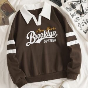 Brown Letter Graphic Contrast Collar Thermal Lined Sweatshirt