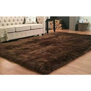 Fluffy Faux Sheepskin Fur Center Rugs - 4ft by6ft - Brown