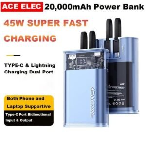 Ace Elec 45W Super Fast Charging Laptop & Phone PowerBank, LED Display 2 Built-in Charging Cable (20000mah)